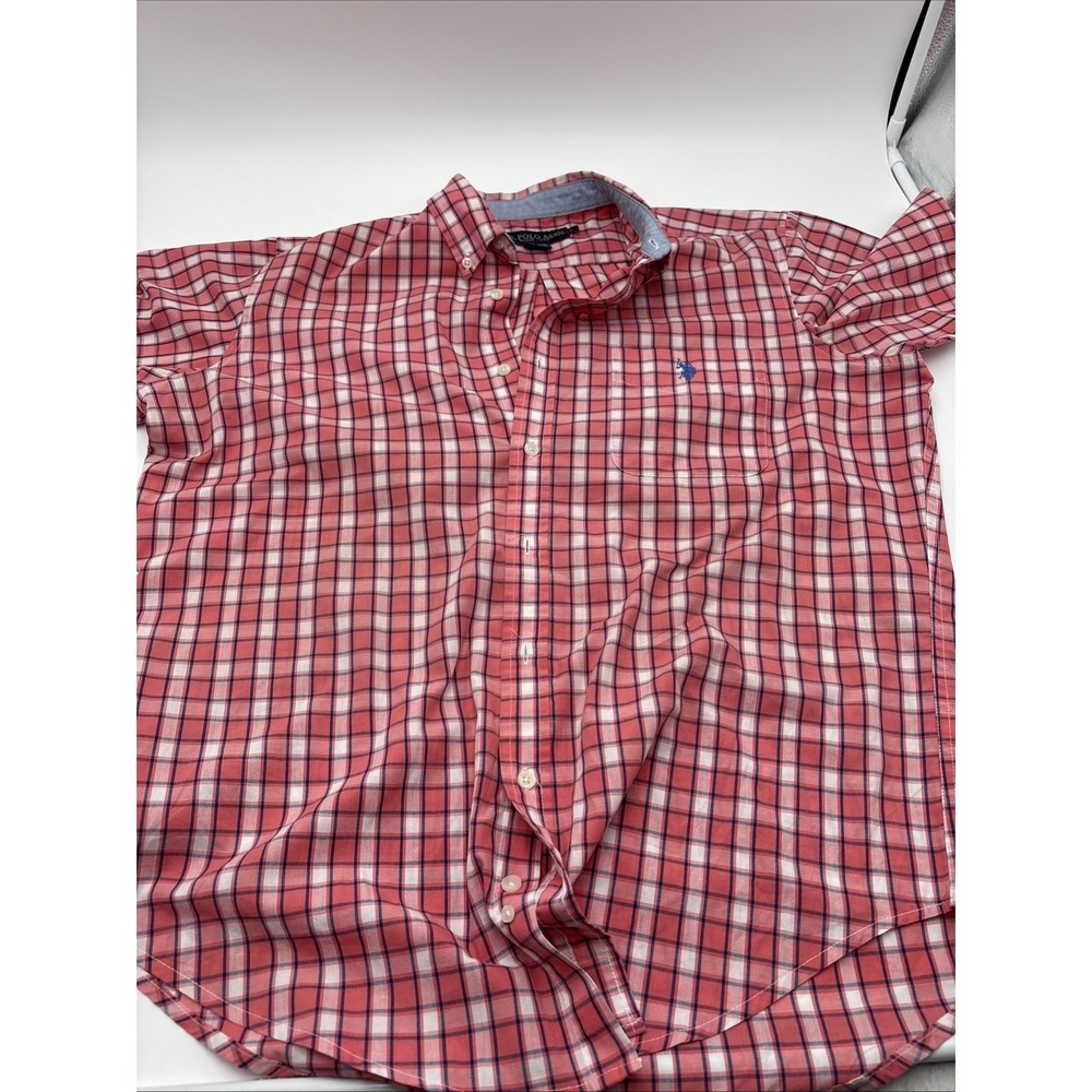 US‎ Polo Assn Button Down Mens Size Large Pink White Plaid Pony Logo Pocket